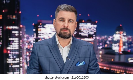 Late Night TV Talk Show Live News Program: Charismatic Male Anchor Presenter Reporting. Television Cable Channel Anchorman Host Talks. Network Broadcast Newsroom Studio Mockup.