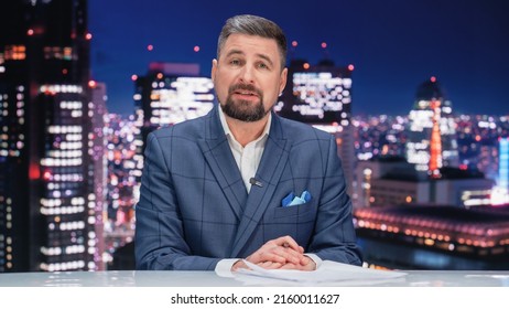 Late Night TV Talk Show Live News Program: Charismatic Male Anchor Presenter Reporting. Television Cable Channel Anchorman Host Talks. Network Broadcast Newsroom Studio Mockup.