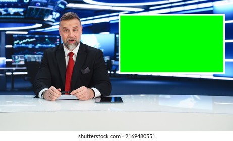 Late Night TV Talk Show Live News Program: Anchorman Presenter Reporting, Uses Green Screen Template. Television Cable Channel Anchorman Host Talks. Network Broadcast Newsroom Studio Mockup.