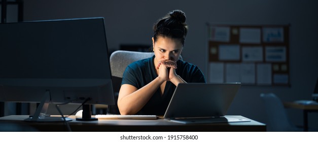 Late Night Workaholic Busy Business Woman At Computer