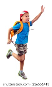 Late For School. Portrait Of A Little Schoolchild With Backpack And A Cap Running, Waving With His Hand And Shouting. Isolated Over White Background