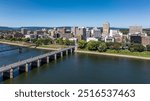 Late summer, early fall aerial, drone, photo of the Harrisburg Pennsylvania skyline and the Susquehanna River.  September 2024.