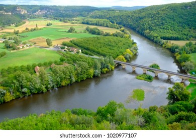 Late summer view over patchwork fields and river of the Dordogne valley near Castelnaud-la-Chapelle, Aquitane, France