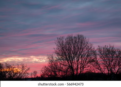Late winter sunset created multicolor clouds behind leafless trees, intentionally under exposure.