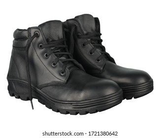 Lateral View Black Leather Work Boots On White Background