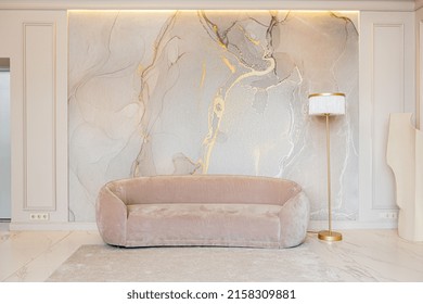 The Latest Fashion Home Trends In An Ultra Modern Elegant Interior Of A Cozy Studio In Soft Pastel Colors. Close-ups Of A Stylish Living Area With Golden Elements