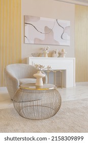 The Latest Fashion Home Trends In An Ultra Modern Elegant Interior Of A Cozy Studio In Soft Pastel Colors. Close-ups Of A Stylish Living Area With Golden Elements