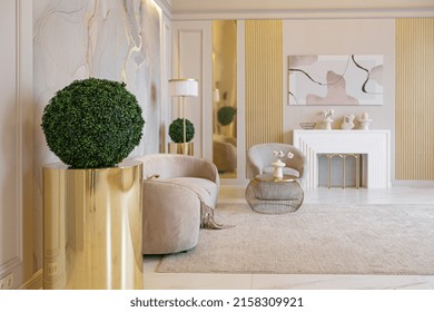 The Latest Fashion Home Trends In An Ultra Modern Elegant Interior Of A Cozy Studio In Soft Pastel Colors. Close-ups Of A Stylish Living Area With Golden Elements