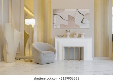 the latest fashion home trends in an ultra modern elegant interior of a cozy studio in soft pastel colors. close-ups of a stylish living area with golden elements - Shutterstock ID 2159956661