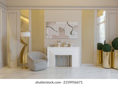 The Latest Fashion Home Trends In An Ultra Modern Elegant Interior Of A Cozy Studio In Soft Pastel Colors. Close-ups Of A Stylish Living Area With Golden Elements