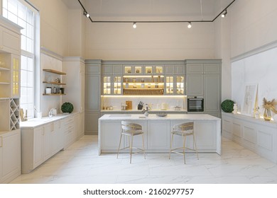 the latest fashion home trends in an ultra modern elegant interior of a cozy studio in soft pastel colors. close-ups of a stylish kitchen with an island for cooking - Shutterstock ID 2160297757