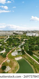 The latest world-class developments located in Taichung Central Park include the Taichung International Convention and Exhibition , Taiwan - NOV 02, 2025 :Aerial view of the largest park in taichung .