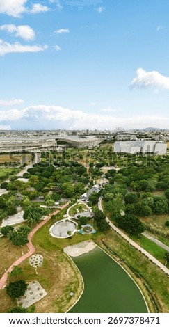 The latest world-class developments located in Taichung Central Park include the Taichung International Convention and Exhibition , Taiwan - NOV 02, 2025 :Aerial view of the largest park in taichung .