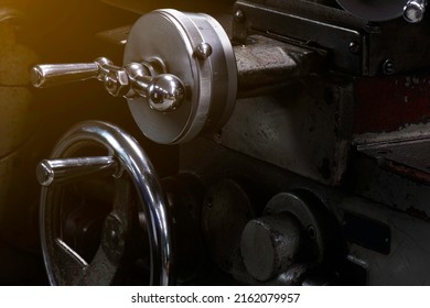 Lathe Control Knobs Close Up. Cross Slide And Turret, Hand Crank With Scale.