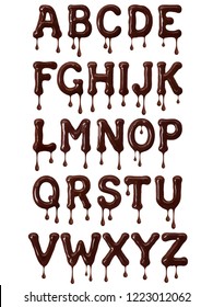 Latin alphabet made of melted chocolate with drops in high resolution 