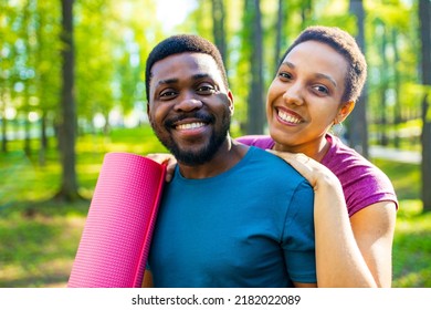 Latin American Couple Ready To Yoga Time Outdoors Pink And Blue Look