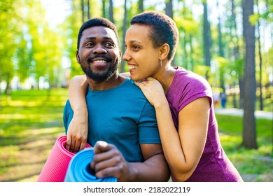 Latin American Couple Ready To Yoga Time Outdoors Pink And Blue Look