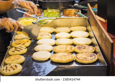 Latin American Food Arepas Being Prepared At Brick Lane Food Market In London, UK