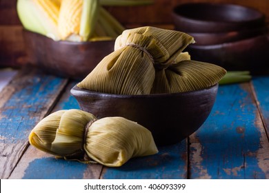 Latin American Food. Traditional Homemade Humitas Of Corn And Leaves