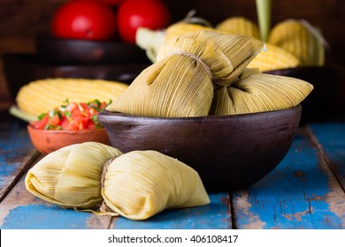 Latin American Food. Traditional Homemade Humitas Of Corn And Leaves