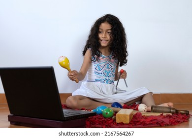 Latin American Girl Taking A Virtual Music Lesson, Percussion Instruments