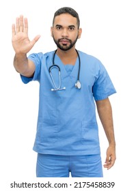 Latin American Male Nurse Or Doctor Gesturing Stop Isolated On White Background For Cut Out