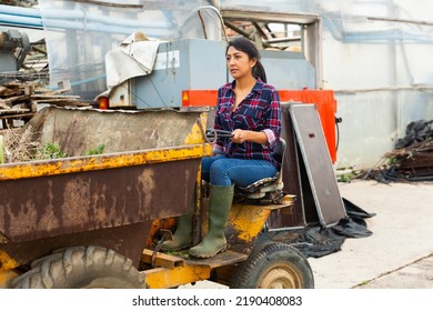 Latin American Woman Farmer Working At A Company Driving A Mini Dump Truck Takes Out To Throw Out Weeds.