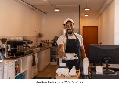 Latin barista serving a freshly brewed cup of coffee with a smile in his cozy coffee shop - Powered by Shutterstock