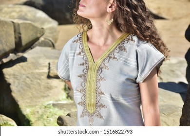 Latin Beautiful Girl In Caribbean Beach Sunset With Embroidery Dress 