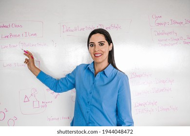 Latin Female School Teacher Looks At Camera In Classroom Speaking Virtual Teaching Remote Class, Online Lesson, E-learning Video Conference Zoom Call In Latin America