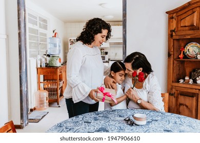 Latin Grandmother Woman With Daughter Or Grandchild Celebrating Birthday, 8 March International Women Holiday Or Happy Mother's Day In Mexico City