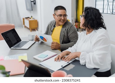 Latin lesbian couple working and using laptop together at home in Mexico, Hispanic homosexual people from lgbt community in Latin America - Powered by Shutterstock