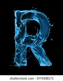 Latin letter R made of water splashes on a black background