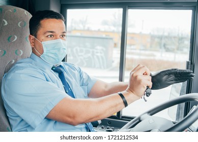 Latin Man Bus Driver Has Blue Medical Protection Mask Puts Black  Gloves On His Hands To Protect Himself From The Coronavirus Epidemic, Covid 19. Protect From Corona Virus. Quarantine 2020