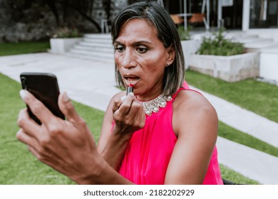 Latin Transgender Woman Make Up In Work At Office Terrace In Mexico Latin America
