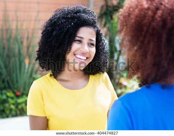 Latin Woman Curly Black Hair Speaking Stock Photo Edit Now 404474827