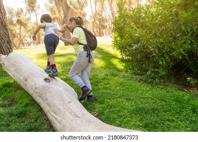 latin woman instructor playing helping child to climbe a tree trunk - Powered by Shutterstock