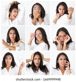 Latin Woman Portrait Set With Different Hand Gestures And Emotions. Beautiful Lady In White Shirt Studio Shot Collage. Multiscreen Montage, Split Screen Collage. Human Gestures Concept