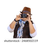 Latin woman taking a photo with DSRL camera wearing a hat with white background
