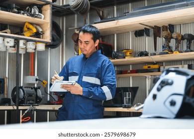 Latin worker taking notes in his workshop surrounded by tools