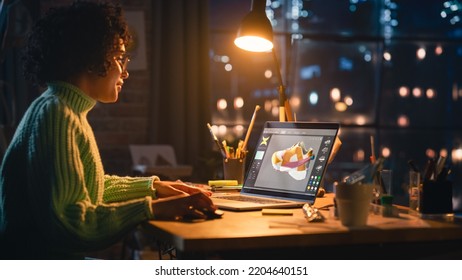 Latina Female Designer Working on Laptop, Screen Showing Editing Software with 3D Model of a Shoe. Concentrated Woman Creating Her Own Project, Using Modelling Technology on Computer. - Shutterstock ID 2204640151