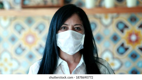 Latina Hispanic Older Woman Wearing Covid-19 Face Mask Virus Pandemic Prevention