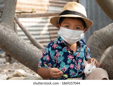 
Latino Boy Wearing A Surgical Mask, Spending Time Outdoors, Playing Outside With A Bunny