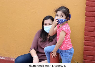 Latino Family, Woman And 6-year-old Girl With Covid-1 Protection Mask, Ready For Back To School