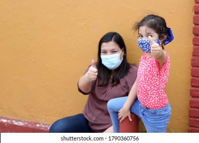 Latino Family, Woman And 6-year-old Girl With Covid-1 Protection Mask, Ready For Back To School