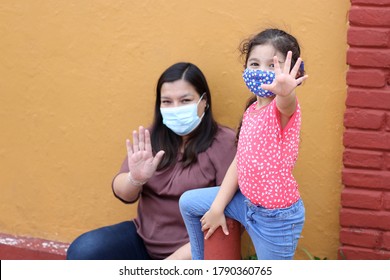 Latino Family, Woman And 6-year-old Girl With Covid-1 Protection Mask, Ready For Back To School