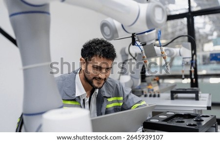 Latino robotic development engineer working robot arm connection control at electronic futuristic science laboratory. Hispanic technician learning innovation machine in automated engineering academy.