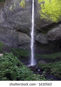 Latourell Falls in the Columbia River Gorge plunges 249 feet over a cliff of volcanic columnar basalt before flowing into the Columbia River near Portland, Oregon USA.
