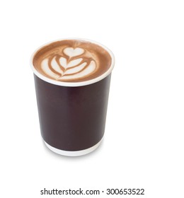 Latte Art Coffee With Heart Figure And Leave On, In Take Away Paper Glass Isolated On White Background With Clipping Path