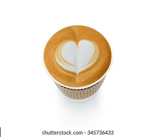 Latte Art, Paper Cup Of Cafe Latte Isolated On White Background